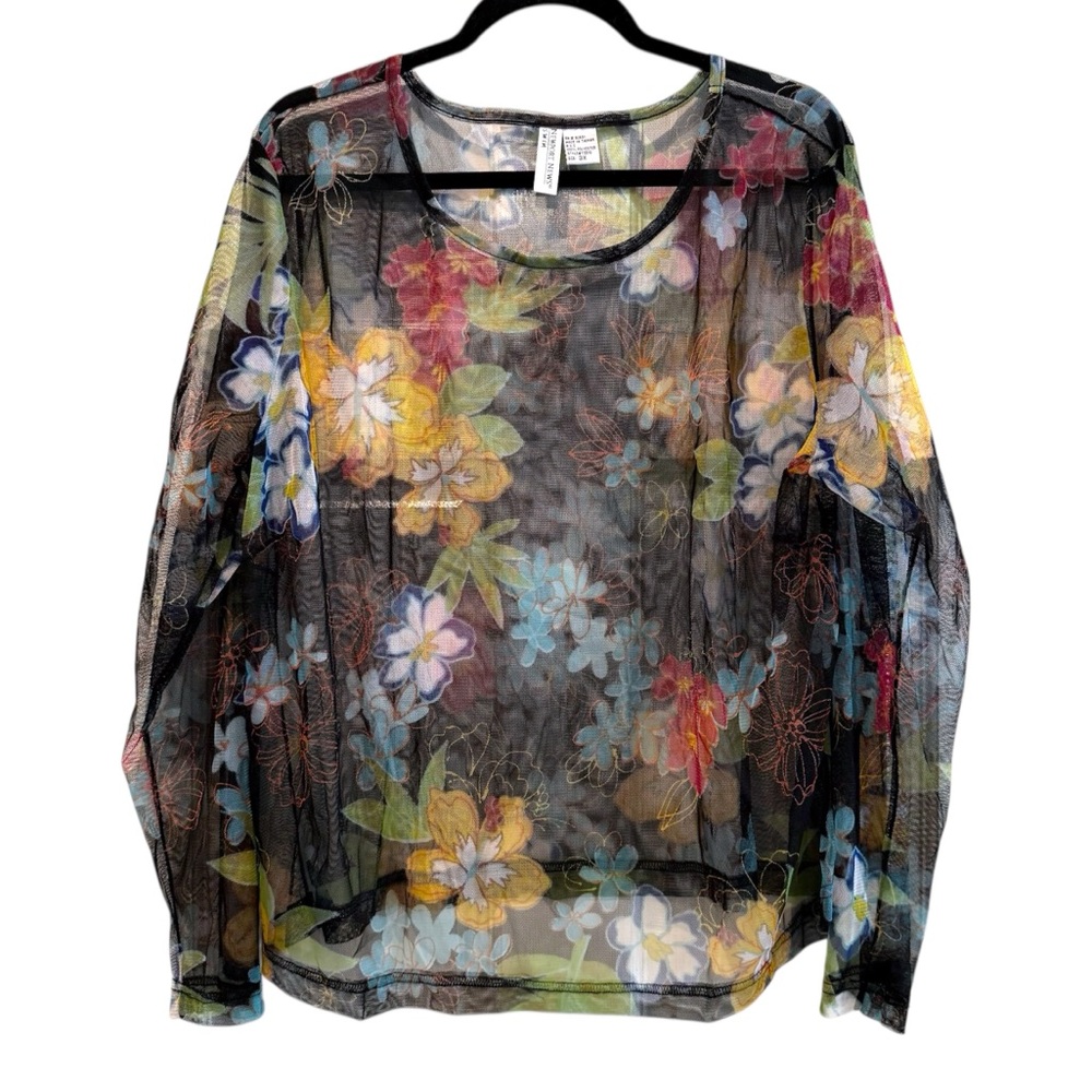 Newport News Swim Sheer‎ Long Sleeve Floral Scoop Neck Cover Up Blouse Black 3X